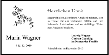 Traueranzeige von Maria Wagner von Rüsselsheimer Echo, Groß-Gerauer-Echo, Ried Echo