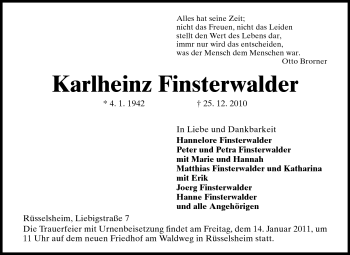 Traueranzeige von Karlheinz Finsterwalder von Rüsselsheimer Echo, Groß-Gerauer-Echo, Ried Echo