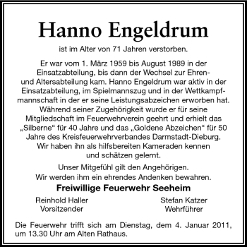 Traueranzeige von Hanno Engeldrum von Echo-Zeitungen (Gesamtausgabe)