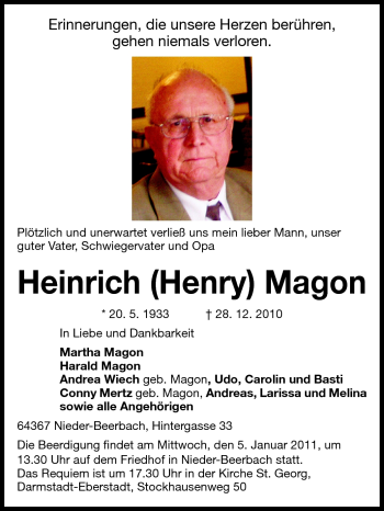 Traueranzeige von Heinrich Magon von Echo-Zeitungen (Gesamtausgabe)