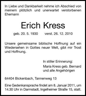 Traueranzeige von Erich Kress von Echo-Zeitungen (Gesamtausgabe)