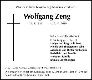 Traueranzeige von Wolfgang Zeng von Rüsselsheimer Echo, Groß-Gerauer-Echo, Ried Echo