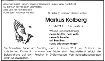 Traueranzeige von Markus Kolberg von Echo-Zeitungen (Gesamtausgabe)