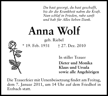 Traueranzeige von Anna Wolf von Odenwälder Echo