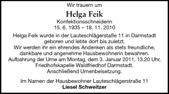 Traueranzeige von Helga Feik von Echo-Zeitungen (Gesamtausgabe)