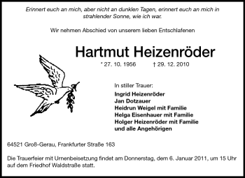 Traueranzeige von Hartmut Heizenröder von Rüsselsheimer Echo, Groß-Gerauer-Echo, Ried Echo