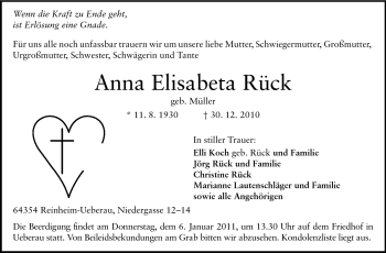 Traueranzeige von Anna Elisabeta Rück von Darmstädter Echo, Odenwälder Echo, Rüsselsheimer Echo, Groß-Gerauer-Echo, Ried Echo