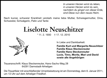Traueranzeige von Liselotte Neuschitzer von Echo-Zeitungen (Gesamtausgabe) Traueranzeige von Liselotte Neuschitzer von Echo-Zeitungen (Gesamtausgabe)