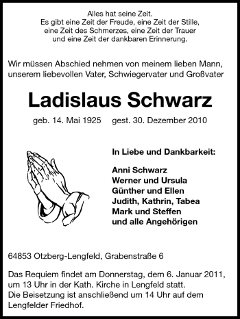 Traueranzeige von Ladislaus Schwarz von Echo-Zeitungen (Gesamtausgabe)