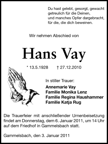 Traueranzeige von Hans Vay von Odenwälder Echo