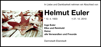 Traueranzeige von Helmut Euler von Darmstädter Echo, Odenwälder Echo, Rüsselsheimer Echo, Groß-Gerauer-Echo, Ried Echo
