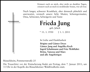 Traueranzeige von Frieda Jung von Rüsselsheimer Echo, Groß-Gerauer-Echo, Ried Echo
