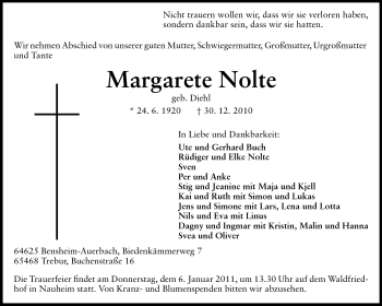 Traueranzeige von Margarete Nolte von Rüsselsheimer Echo, Groß-Gerauer-Echo, Ried Echo