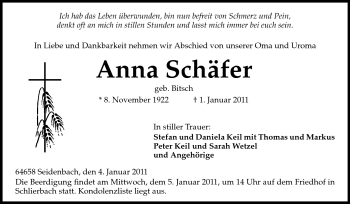 Traueranzeige von Anna Schäfer von Starkenburger Echo
