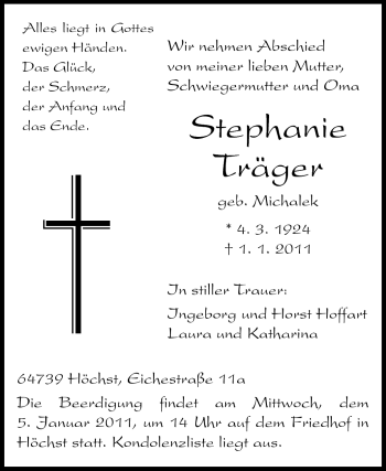 Traueranzeige von Stephanie Träger von Odenwälder Echo