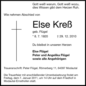 Traueranzeige von Else Kreß von Darmstädter Echo, Odenwälder Echo, Rüsselsheimer Echo, Groß-Gerauer-Echo, Ried Echo