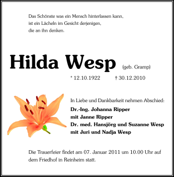 Traueranzeige von Hilda Wesp von Darmstädter Echo, Odenwälder Echo, Rüsselsheimer Echo, Groß-Gerauer-Echo, Ried Echo