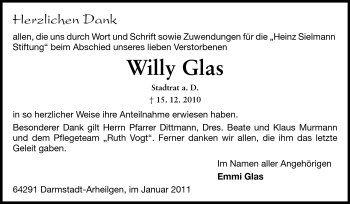 Traueranzeige von Willy Glas von Echo-Zeitungen (Gesamtausgabe)