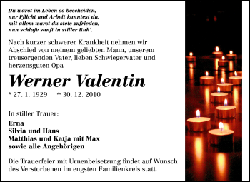 Traueranzeige von Werner Valentin von Rüsselsheimer Echo, Groß-Gerauer-Echo, Ried Echo