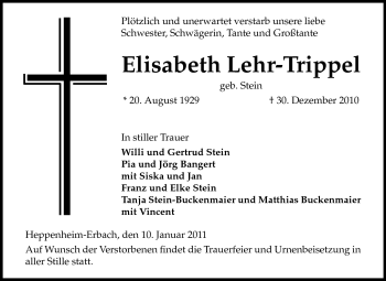 Traueranzeige von Elisabeth Lehr-Trippel von Starkenburger Echo