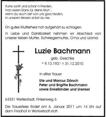 Traueranzeige von Luzie Bachmann von Echo-Zeitungen (Gesamtausgabe)