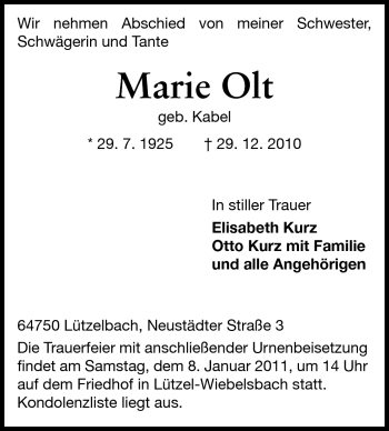 Traueranzeige von Marie Olt von Odenwälder Echo