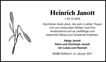 Traueranzeige von Heinrich Janott von Echo-Zeitungen (Gesamtausgabe)