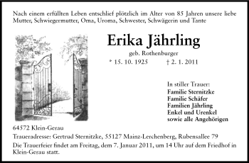 Traueranzeige von Erika Jährling von Rüsselsheimer Echo, Groß-Gerauer-Echo, Ried Echo
