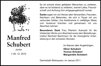 Traueranzeige von Manfred Schubert von Darmstädter Echo, Odenwälder Echo, Rüsselsheimer Echo, Groß-Gerauer-Echo, Ried Echo