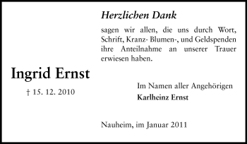 Traueranzeige von Ingrid Ernst von Rüsselsheimer Echo, Groß-Gerauer-Echo, Ried Echo