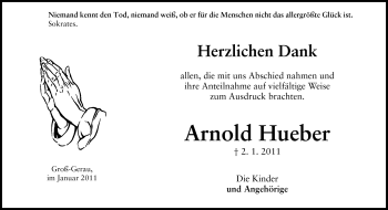 Traueranzeige von Arnold Hueber von Rüsselsheimer Echo, Groß-Gerauer-Echo, Ried Echo