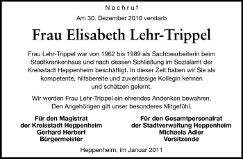Traueranzeige von Elisabeth Lehr-Trippel von Starkenburger Echo