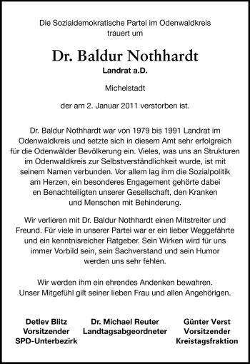 Traueranzeige von Dr. jur. Baldur Nothhardt von Odenwälder Echo
