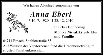 Traueranzeige von Anna Eberl von Odenwälder Echo