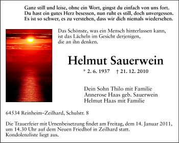 Traueranzeige von Helmut Sauerwein von Echo-Zeitungen (Gesamtausgabe)