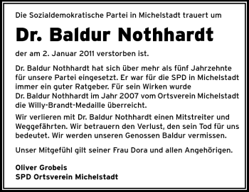 Traueranzeige von Dr. jur. Baldur Nothhardt von Odenwälder Echo