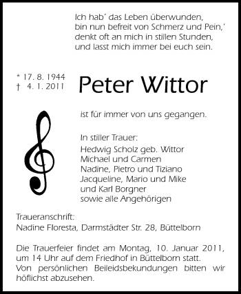 Traueranzeige von Peter Wittor von Rüsselsheimer Echo, Groß-Gerauer-Echo, Ried Echo