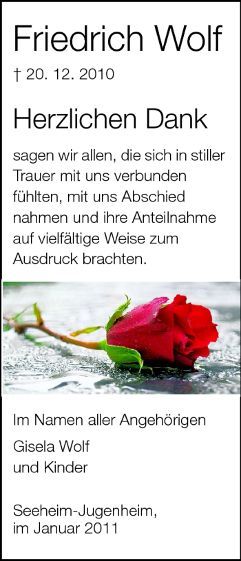 Traueranzeige von Friedrich Wolf von Darmstädter Echo, Odenwälder Echo, Rüsselsheimer Echo, Groß-Gerauer-Echo, Ried Echo