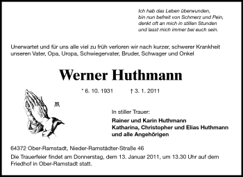Traueranzeige von Werner Huthmann von Darmstädter Echo, Odenwälder Echo, Rüsselsheimer Echo, Groß-Gerauer-Echo, Ried Echo