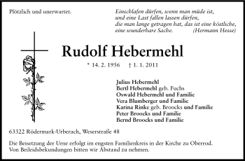 Traueranzeige von Rudolf Hebermehl von Echo-Zeitungen (Gesamtausgabe)