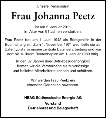 Traueranzeige von Johanna Peetz von Echo-Zeitungen (Gesamtausgabe)