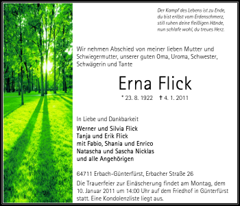 Traueranzeige von Erna Flick von Odenwälder Echo