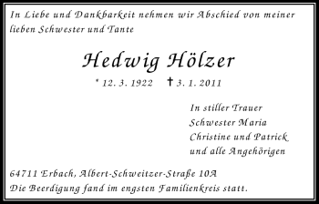Traueranzeige von Hedwig Hölzer von Odenwälder Echo