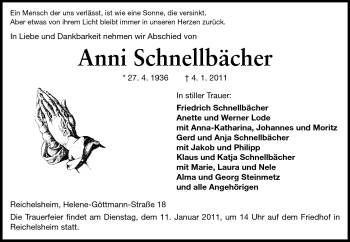 Traueranzeige von Anni Schnellbächer von Odenwälder Echo