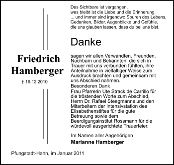 Traueranzeige von Friedrich Hamberger von Echo-Zeitungen (Gesamtausgabe)