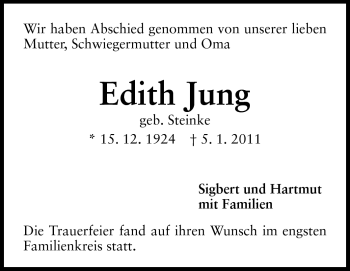 Traueranzeige von Edith Jung von Darmstädter Echo, Odenwälder Echo, Rüsselsheimer Echo, Groß-Gerauer-Echo, Ried Echo