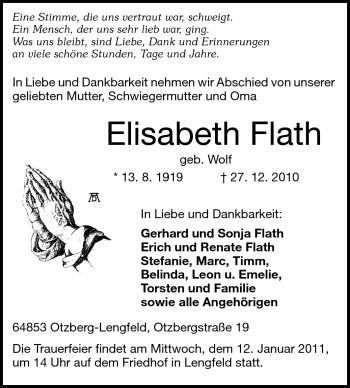 Traueranzeige von Elisabeth Flath von Echo-Zeitungen (Gesamtausgabe)