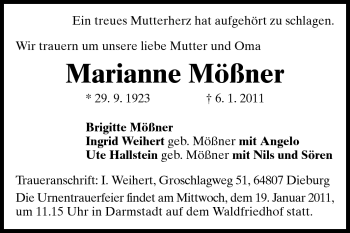 Traueranzeige von Marianne Mößner von Darmstädter Echo, Odenwälder Echo, Rüsselsheimer Echo, Groß-Gerauer-Echo, Ried Echo