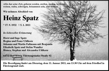 Traueranzeige von Heinz Spatz von Odenwälder Echo
