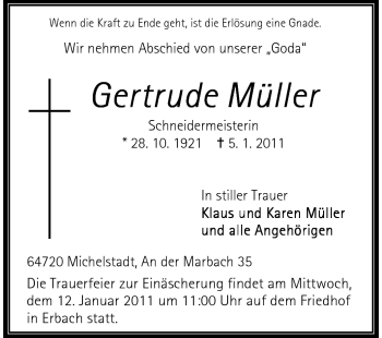 Traueranzeige von Gertrude Müller von Odenwälder Echo